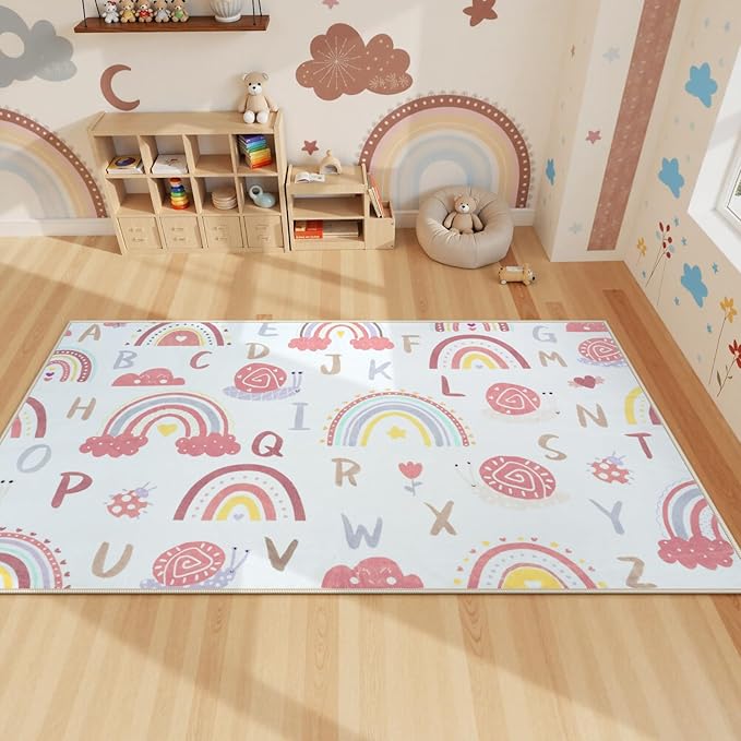 LIVEBOX Rainbow Kids Rug-3x5 Playroom Nursery ABC Educational Carpet,Washable Non Slip Soft Low Pile Area Rug for Bedroom,Preschool Classroom (Pink)