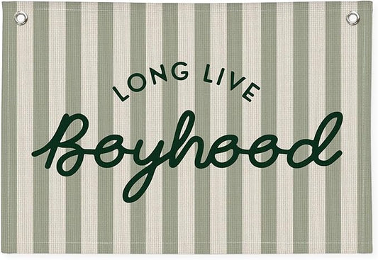 Long Live Boyhood Banner, Boy Nursery Decor, Canvas Banner Wall Hanging Flag Decor for Nursery Playroom Toddler Room, Boys Kids Room - Sage Green