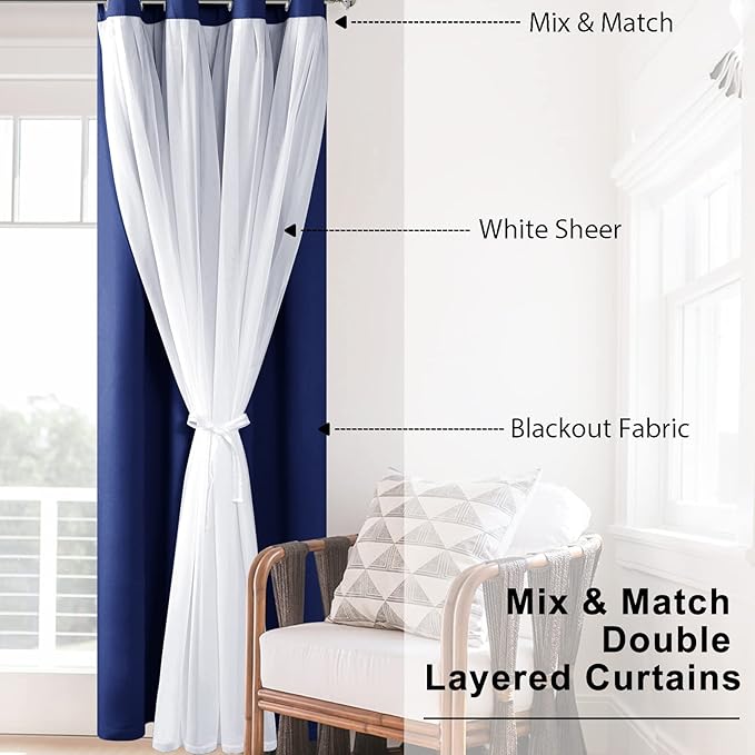 Hiasan Blackout Curtains with Sheer Overlay, Thermal Insulated Privacy Mix and Match Double Layer Window Curtains for Bedroom, Living Room, 2 Drape Panels Sewn with Tiebacks, Navy Blue, 42W X 63L