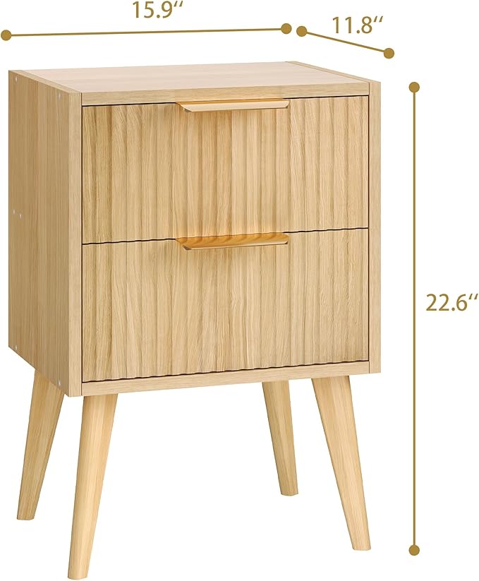 Nightstand with 2 Drawers,Fluted Bedside Table,Natural Wood Night Stand,Light Wood Side Table with Solid Wood Legs,End Table for Living Room,Bedroom,Small Space Natural CTG55Y