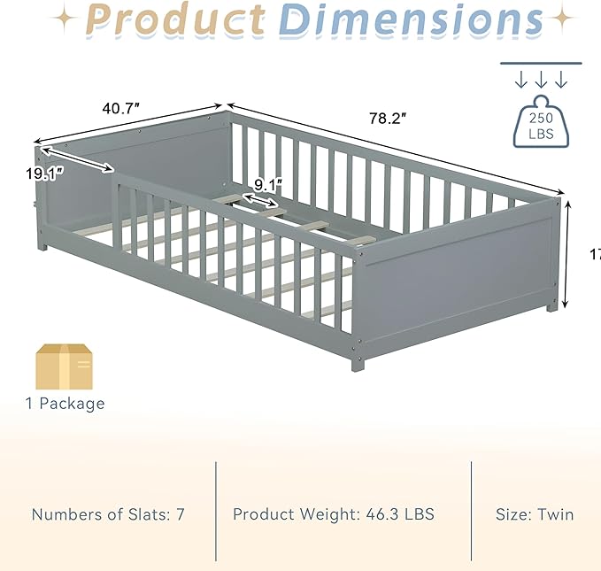 Twin Toddler Floor Bed with High Rails, Wooden Montessori Bed Frame with Built-in Book Rack, Twin Size Bed Frame for Kids, Boys and Girls, Grey