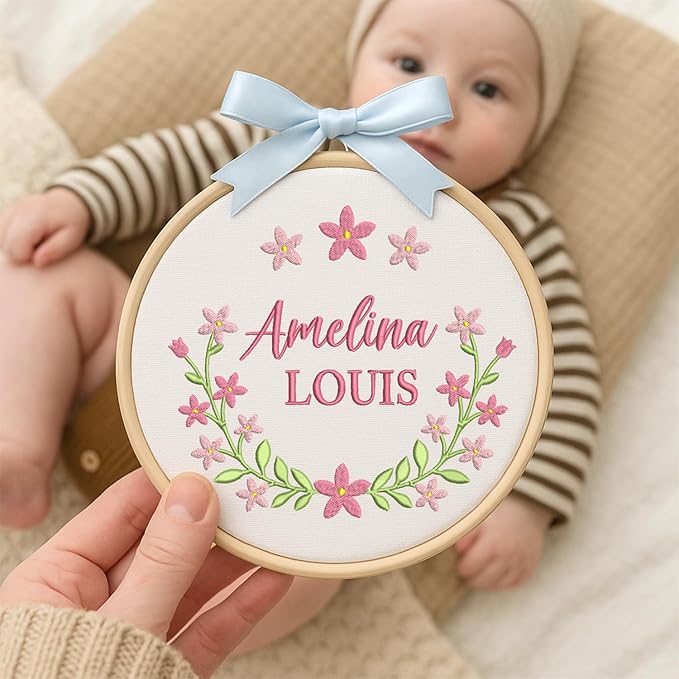 Personalized Baby Name Sign Welcome Baby Announcement Sign Newborn Baby Embroidery Hoop with Bows Baby Hospital Name Sign Custom Infant Baby Name Baby Shower Gifts (02)