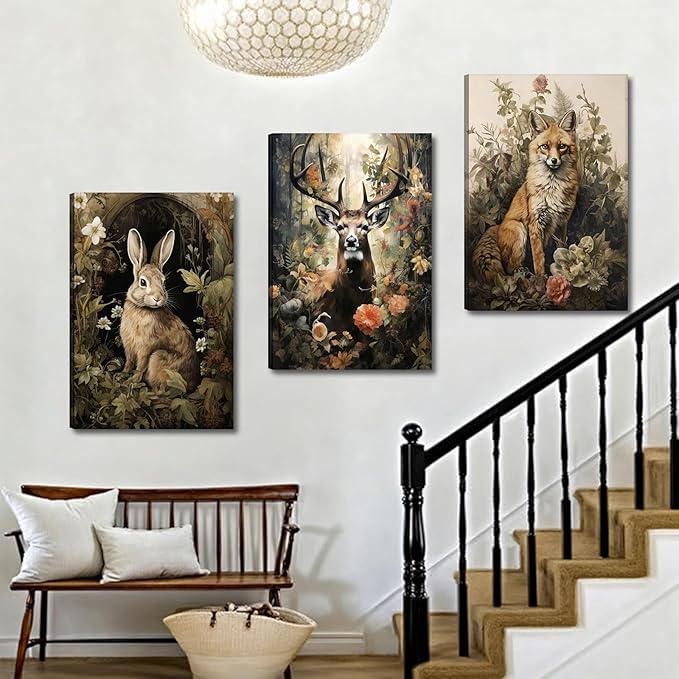 3pcs Vintage Forest Animal Canvas Wall Art Wild Animal Deer Rabbit Fox Paintings Pictures Dark Academia Wall Decor Gothic Botanical Posters Print Artwork for Living Room Office Decor 12x16in