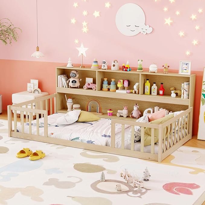 KOMFOTT Twin Floor Bed with Bookcase & Shelves, Wood Bed Frame with Bedside Bookshelves & Guardrails, Versatile 2-in-1 Montessori Floor Bed for Kids (Twin,Natural)