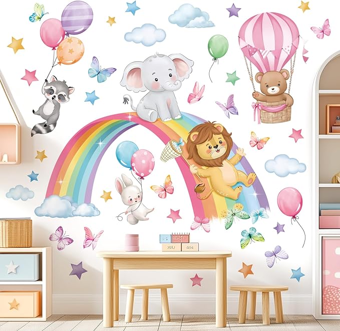decalmile Rainbow Animal Wall Decals Elephant Lion Bear Clouds Wall Stickers Baby Nursery Kids Room Girls Bedroom Wall Decor