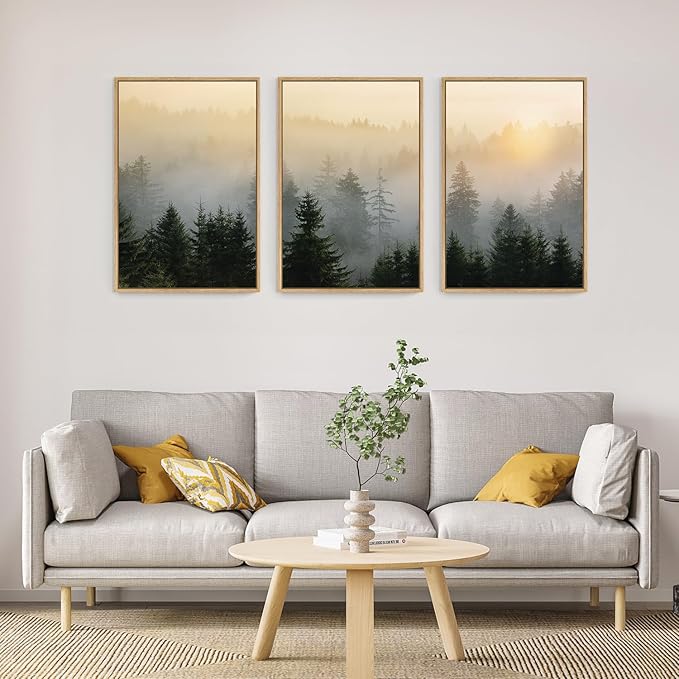 FWIEXA Mountain Wall Art Canvas Set, Misty Forest Framed Wall Decor, 3 Piece Nature Wall Painting, Foggy Pine Tree Landscape Artwork, 16x24 Inches Green Pictures for Living Room, Bedroom, Office, Gift