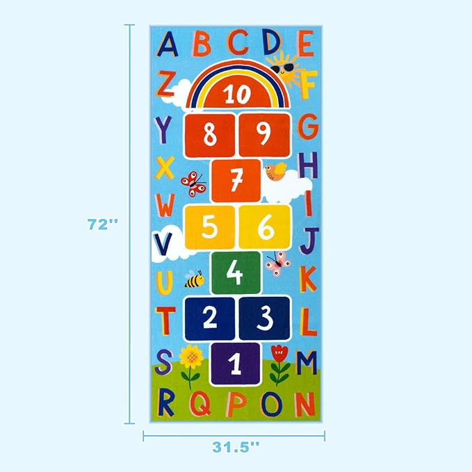 STARUIA Washable Hopscotch Kids Rug for Playroom, Colorful Educational Classroom Rugs with ABC Number, Non Slip Kids Play Rug Game Carpet for Bedroom Nursery Boy Girl （Blue, 31.5''x72''）