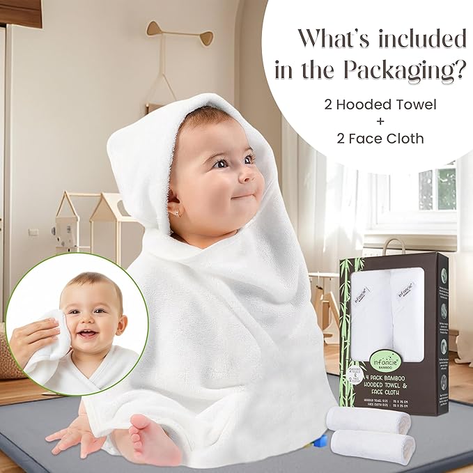 Bamboo Hooded Baby Towel with Face Cloth – 2 Hooded Towels (29x29 inches) & 2 Washcloths (9x9 inches) – Ultra Soft, Absorbent & Cozy Bath Set for Newborns and Infants