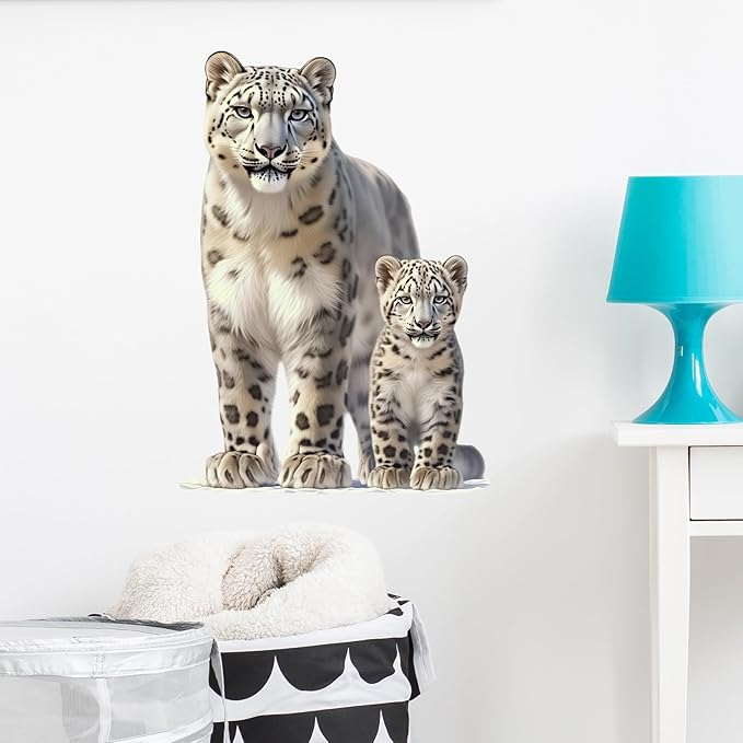 Lifelike Snow Leopard with Cub Wall Decal Nursery Animal Wall Sticker Removable Peel and Stick Wall Art Decor for Kid Baby Classroom Preschool Living Room Playroom Bedroom School
