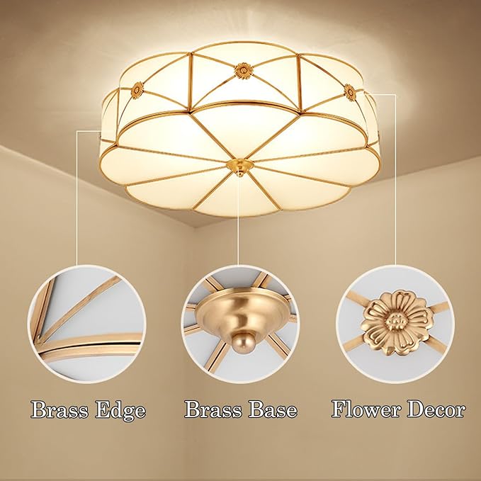 MIXL- Mid Century Brass Flush Mount Ceiling Light, 6-Light LED Brass and Glass Ceiling Lamp, Frosted Glass Shade Modern Light, Close to Ceiling Light Decorative for Bedroom Living Room(23.62" W)