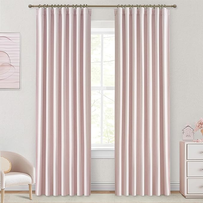 Light Pink Curtains for Girls Room, Cute Blackout Bedroom Curtains Aesthetic 84 Inch Length 2 Panels Set Flax Linen Thermal Drapes Insulated&Soundproof Back Tab/Hook Belt Preppy (50"W x 84"L)