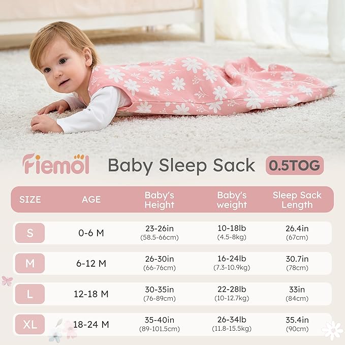 Baby Sleep Sack 12-18 months, 100% Cotton Sleeping Sack for Toddler, 3 Pack Baby Wearable Blanket, 0.5 Tog Lightweight Double Zipper Sleep Bag Large Pink Butterfly Flower