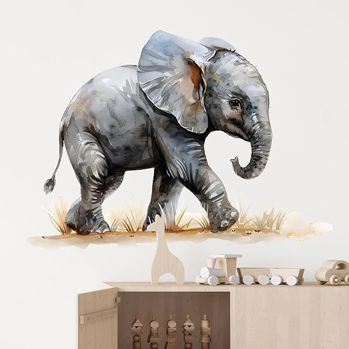 Cute Walking Little Elephant Wall Decal Nursery Animal Wall Sticker Removable Peel and Stick Wall Art Decor for Kid Baby Classroom Preschool Living Room Playroom Bedroom School