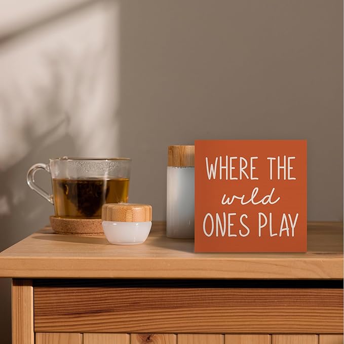 Where The Wild Ones Play Orange Wood Box Sign Desk Decor 5X5, Nursery Kids Room Wooden Block Sign Decorations for Playroom Toddler Boys Girls Room Wall Tabletop Shelf Decor
