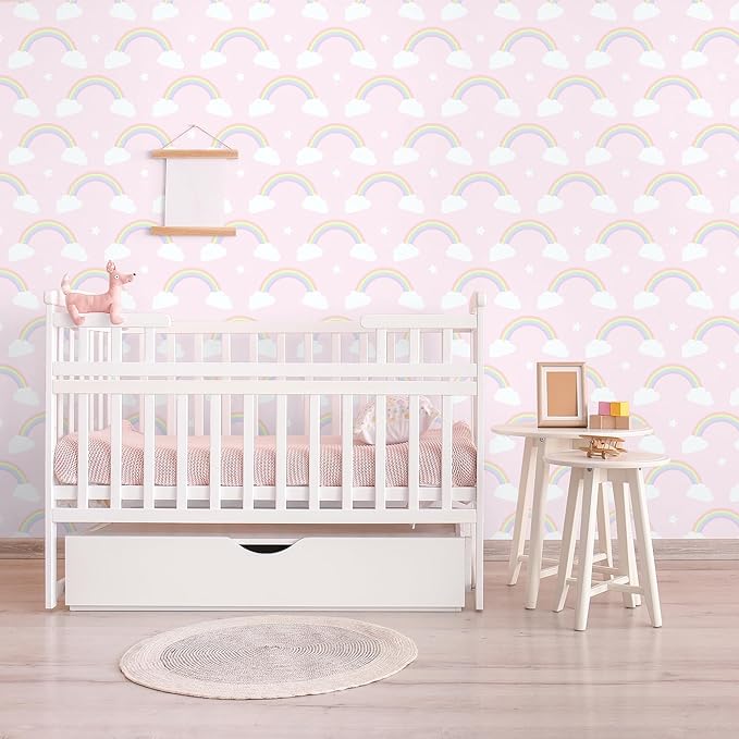 CHIHUT Cute Whimsical Rainbow Clouds Wallpaper Soft Pink Colorful Rainbows Clouds Stars Wallpaper for Kids Room Peel and Stick Wall Paper Self Adhesive Removable Contact Paper for Cabinets 17.7”x236”