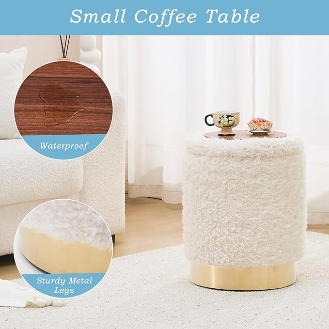 Mxfurhawa Velvet Storage Ottoman Multipurpose Footrest Stool with Metal Base Modern Round Vanity Stool Chair Ottoman Foot Stools Support 300 lbs Padded Seat for Living Room (White)