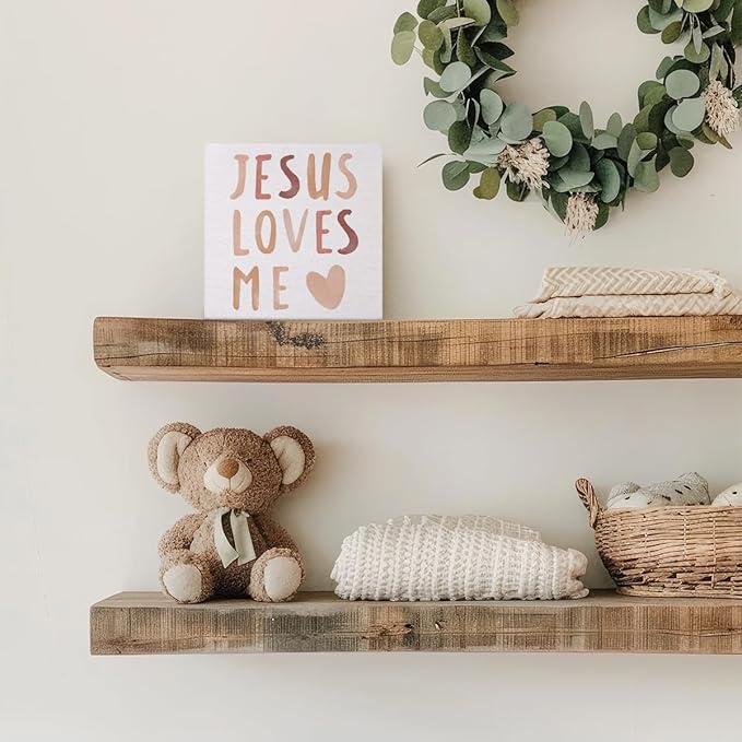 Baby Girls Nursery Decor - Jesus Loves Me Christian Gifts Wood Sign Wall Art Decoration, Boho Neutral Bible Verse Kids Boys bookshelf Decorations, Toddler Girls Room Decor 5x5