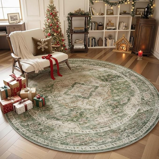 AMOAMI-6FT Round Rug-Rugs for Living Room-Vintage Soft Olive Green Rugs for Bedroom-Non Slip Circle Rug-Machine Washable Rug for Dining Room Living Room Bedroom Office Under Table