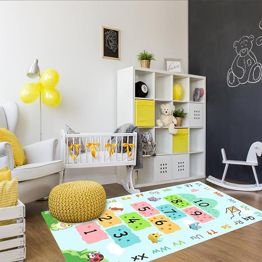 Cute Educational ABC Alphabets Hopscotch Rugs for Kids Room Playroom Bedroom, Chic Soft Hop & Count Numbers Learning Rug for Classroom, Washable Toddler Baby Nursery Carpet Rug 63"x31.5" Blue