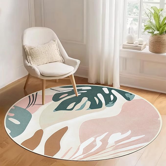6' Machine Washable Round Area Rug, Non-Slip Abstract Boho Circle Floor Rugs for Kids, Low Pile Room Carpet for Living Room, Bedroom, Dining Room & Nursery(6' Pink Green)