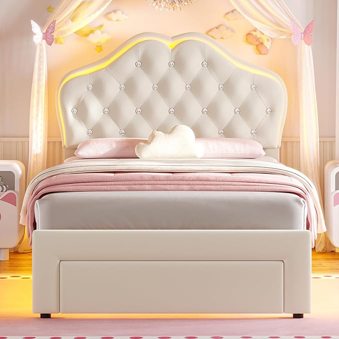 BTHFST Twin Size Girl Bed with Storage Drawer & LED Lights, Upholstered Platform Bed, Adjustable Headboard with Velvet Crystal Button Princess Bed, Wood Slats Support, No Box Spring Needed, Beige