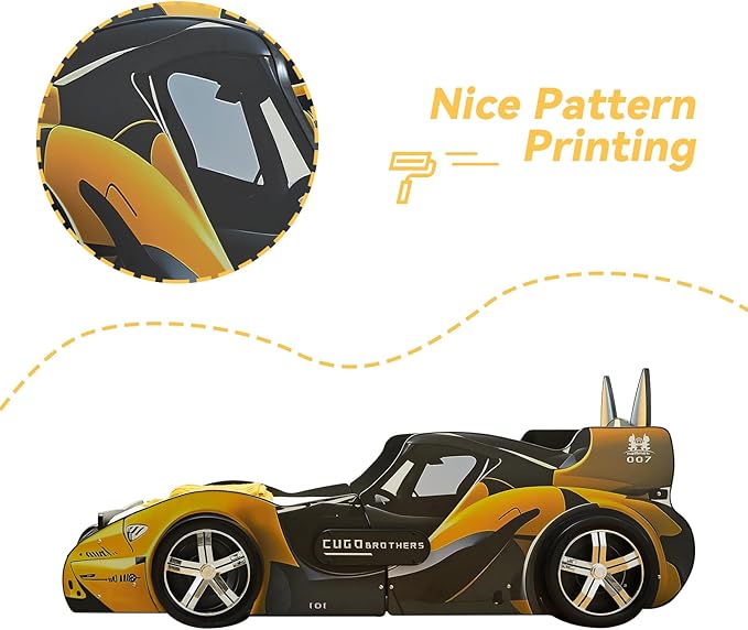 LKTART Twin Size Car Bed for Kids, Cartoon Dog Race Car-Shaped Wooden Platform Bed Frame with Headboard Wheels, LED Lights and Support Slats for Boys Toddlers Child