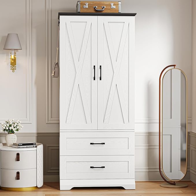 LIKIMIO Armoire Wardrobe Closet 70.9" H, Bedroom Wooden Wardrobe with 2 Doors, 2 Drawers and Sensor Light, Clothing Storage Cabinet Organizer Combination with Hanging Rod, Hooks, White