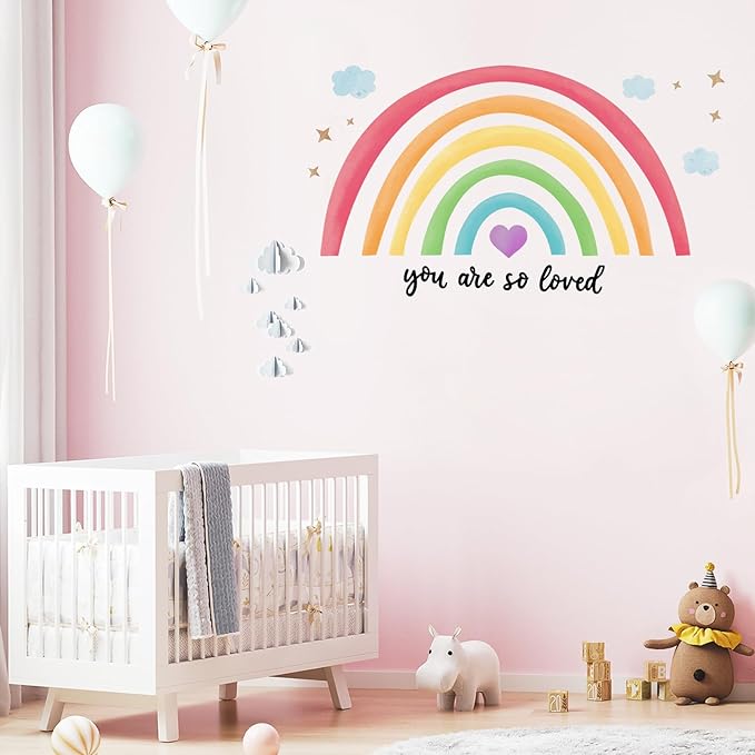Containlol Rainbow Wall Decals, Playroom Wall Decor for Girl Room, Watercolor Peel and Stick Wallpaper, Boho Wallpaper 30 x 14 Inch Heart Art Stickers for Toddler Bedroom Nursery(Dark Color,Bright)