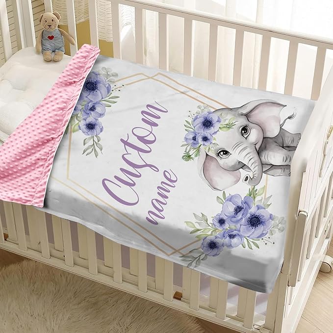Personalized Baby Blankets for Girls, Custom Name Purple Flower Elephant Design Baby Blanket, Soft Receiving Blanket for Newborns and Toddlers, Ideal for Baby Showers and Nursery Decor