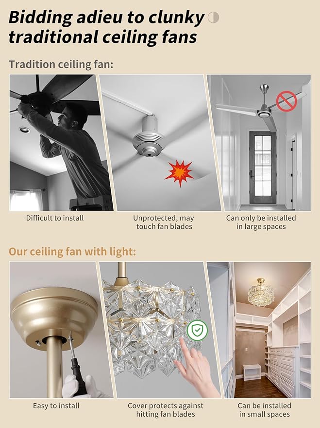 20" Gold Crystal Fandelier Ceiling Fan with Light, Mid-Century Chandelier Ceiling Fan with Light Remote Control, 6 Speeds for Bedroom, Nursery, Living Room