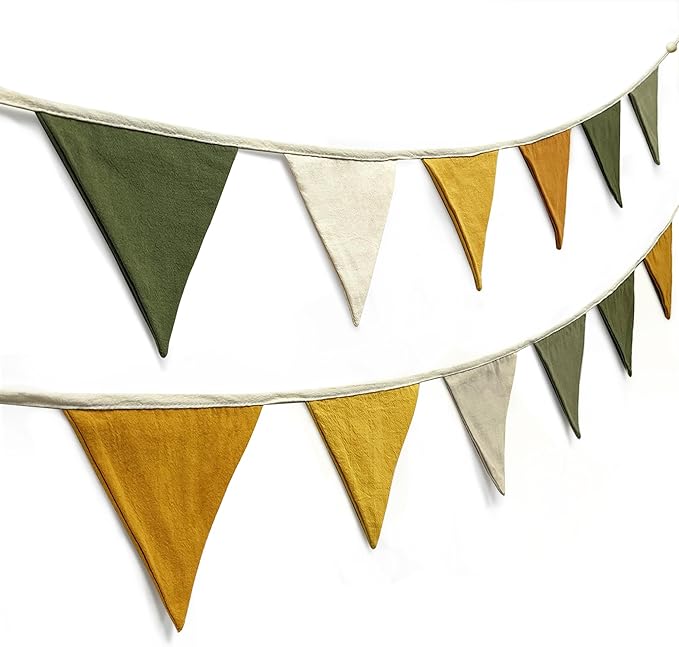 2 Sets of Sage Green Yellow Nursery Garland 24Pcs Fabric Linen Pennant Banner Flags Triangle Streamers for Baby Playroom Decor Kids Jungle Woodland Camper Birthday Baby Shower Boho Party Decorations
