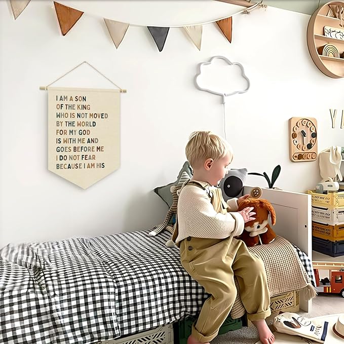 Boy Nursery Decor, I am a Son of the King Boy Nursery Banner, Boho Christian Religious Bible Verse Wall Hanging Pennant Flag for Boys Bedroom Playroom，Inspirational Wall Decor