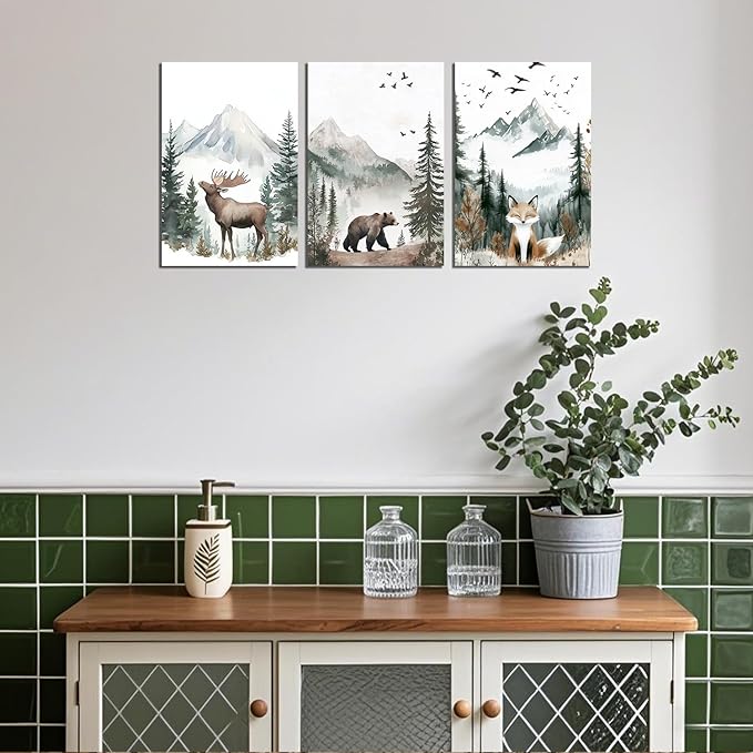 SANGGUOBIN Woodland Animal Wall Art Set of 3 Deer Bear Fox Watercolor Prints Wildlife Forest Canvas Vintage Natural Adventure Landscape Poster for Nursery Bedroom Decor(Green-1,20x28inchx3)