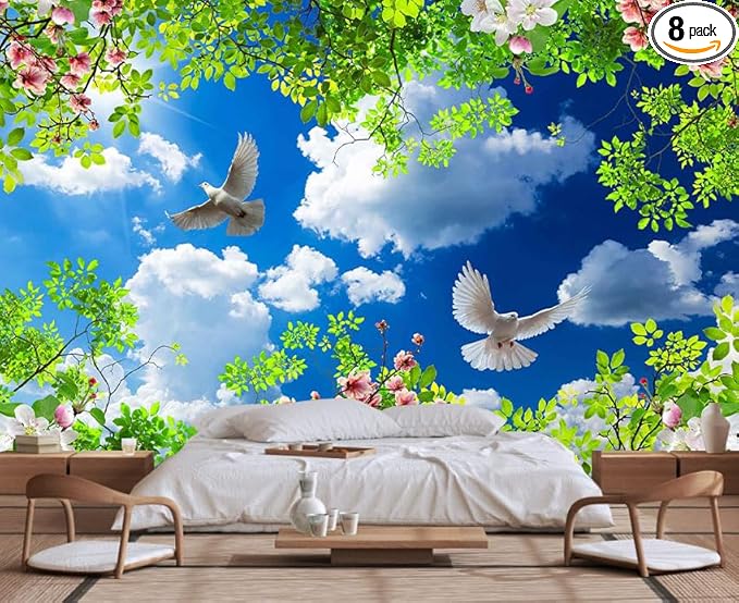 Green Plants Wrapped in Pigeons Flying Freely Under The Blue Sky and White Clouds Wallpaper for Large Background Wall murals(Non-self-Adhesive)