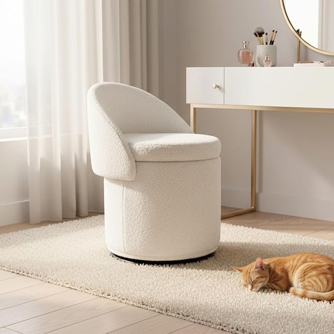 LukeAlon Sherpa Makeup Ottoman with Storage, Upholstered 360° Swivel Vanity Stool with Foldable Backrest Modern Cylindrical Footrest Stool for Living Room Bedroom, White