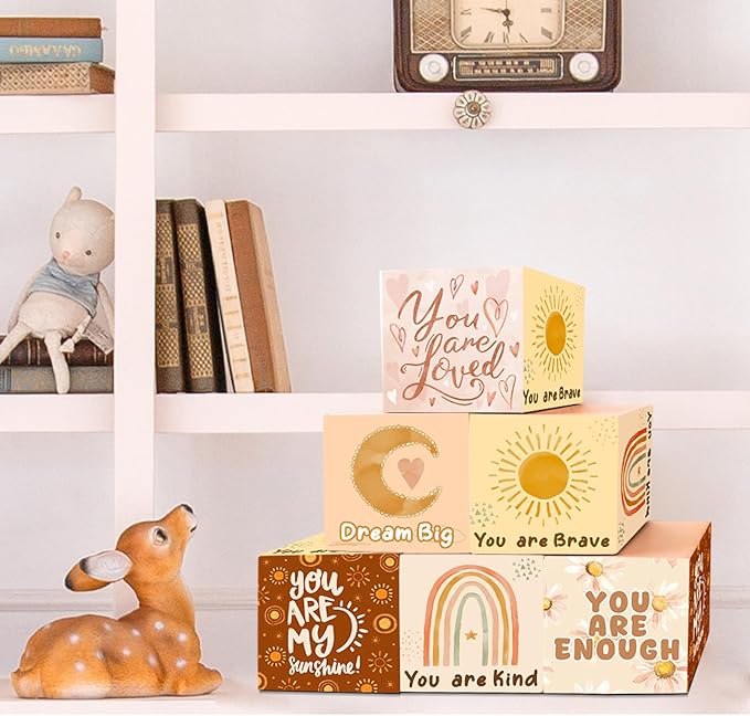Wooden Custom Name Baby Blocks Set for Desk Table Boho Playroom Signs for Girls Boys Alphabet Inspirational Baby Room Shelf Decor Watercolor Rainbow Sun Decor for Bedroom Nursery Babies Shower Gifts