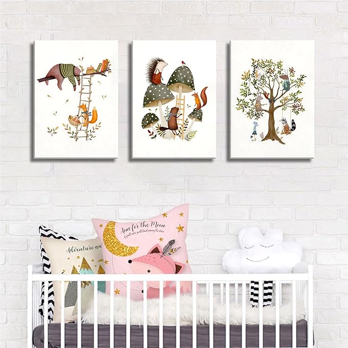 3Pcs Woodland Safari Animals Nursery Canvas Wall Art Baby Jungle Small Animal Wall Decor Pictures Tree Bear Rabbit Fox Hedgehog Kids Posters Prints for Classroom Children Bedroom Decoration