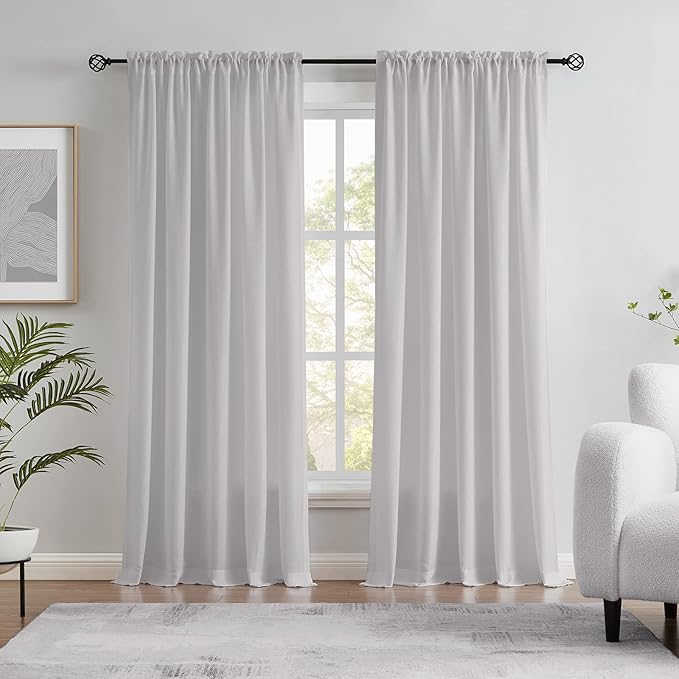 Melodieux Silver Grey Velvety Semi Sheer Curtains 63 Inch Length for Bedroom, Living Room Natural Cotton Texture Rod Pocket Window Sheer Drapes, 52 by 63 Inch (2 Panels)