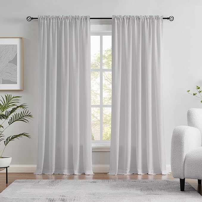 Melodieux Silver Grey Velvety Semi Sheer Curtains 84 Inch Length for Bedroom, Living Room Natural Cotton Texture Rod Pocket Window Sheer Drapes, 52 by 84 Inch (2 Panels)