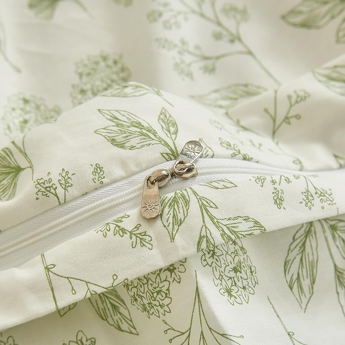 HighBuy 3 Pieces Duvet Cover Twin White Duvet Cover with Green Floral Print,Coquette Soft Cotton Comforter Cover Boho Style,Aesthetic Twin Bedding Set with Zipper Closure 4 Ties,All Season
