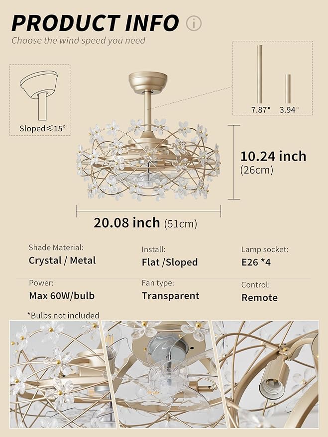 20" Gold Crystal Fandelier Ceiling Fan with Light, Mid-Century Chandelier Ceiling Fan with Light Remote Control, Flower Caged Enclosed 6 Speeds for Bedroom, Nursery, Foyer, Living Room