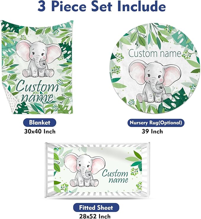 Custom Baby Crib Bedding Set - Green Elephant Design Personalized Name Baby Nursery Bedding 3 Pcs Set - Chic Soft Blanket, Fitted Sheet, Room Rug for Newborns Boys Girls Gifts