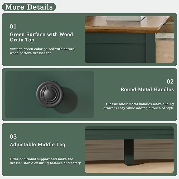 Dresser for Bedoom, Modern Chest of Drawers, Wood 9 Drawer Dresser with Metal Handles, Storage Organizer Wide Dressers for Living Room, Hallway, Entryway, Green