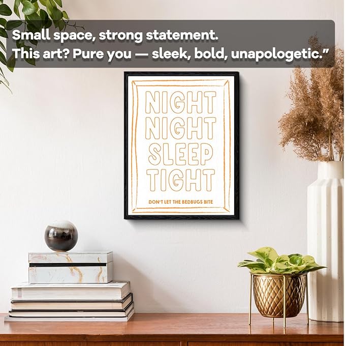 Bedtime Quote Wall Art, sleep tight message, playful kids wall decor, matte finish framed canvas print, nursery poster artwork, for nursery kids room birthday gift, 12x15 inch