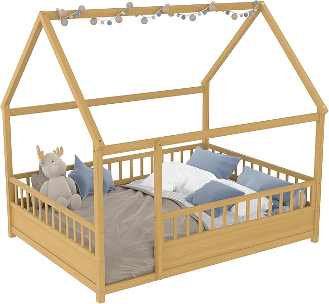 Ball & Cast Full Size House Bed Frame,Montessori Floor Bed with Safety Fence and Roof for Kids,Wood Platform Bedframe W/Open Door for Girls Boys,Bedroom,Playroom,Easy Assembly,Natural