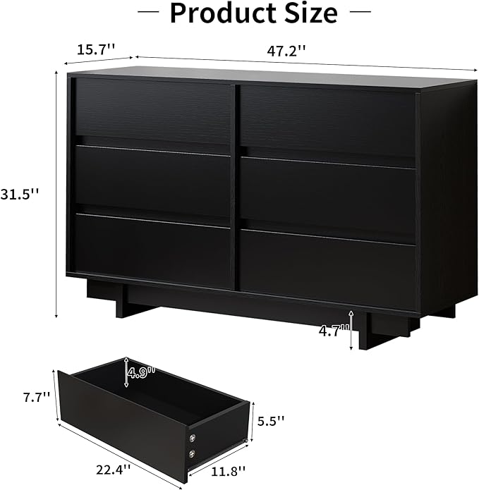 Black Dresser for Bedroom, 47" Wide 6 Drawer Dresser, Mid Century Modern Dressers Chest of Drawers, Wooden Large Dressers for Bedroom, Closet