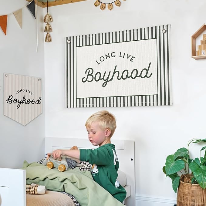 Lacama Vintage Green Long Live Boyhood Boys Room Decor, Boy Nursery Decor, Linen Banner Wall Hanging Canvas Banner Flag Decor for Toddler Boy Room Nursery 30x20 Inch