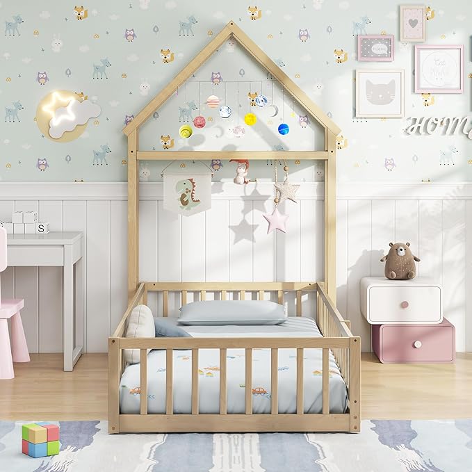 MAT EXPERT Twin Floor Bed with House-Shaped Headboard, Montessori Kids Bed with Detachable Clothes Hanger, Full Length Safety Guardrails, Solid Wood Twin Bed Frames for Kids (Natural)