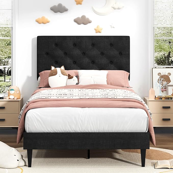 BarnFurin Twin Bed Frame, Upholstered Platform Bed with Button Tufted Headboard, Fabric Bed Frame with Wooden Slats Support, No Box Spring Required, Easy Assembly, Dark Grey