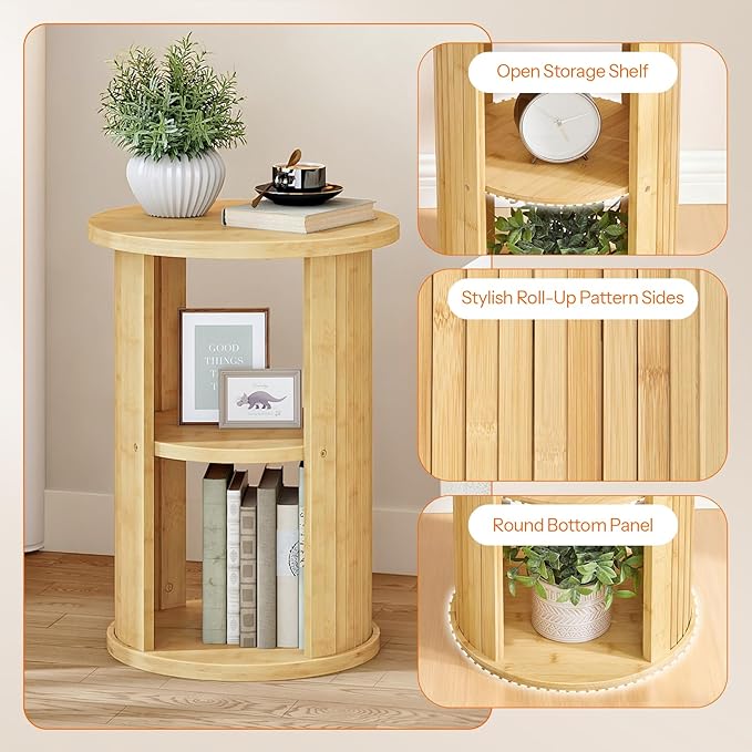 HOOBRO Small Round Side Table, 3-Tier Round Bamboo End Table, Sofa Bedside Table, Bohemian Style Nightstand Easy Assembly, for Living Room, Bedroom, Apartment, Natural YL192BZ01